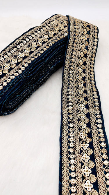 Velvet Fabric Floral Embroidered Sequins Trim Indian Sari Border, Sequin Trimming, Sequinned Lace